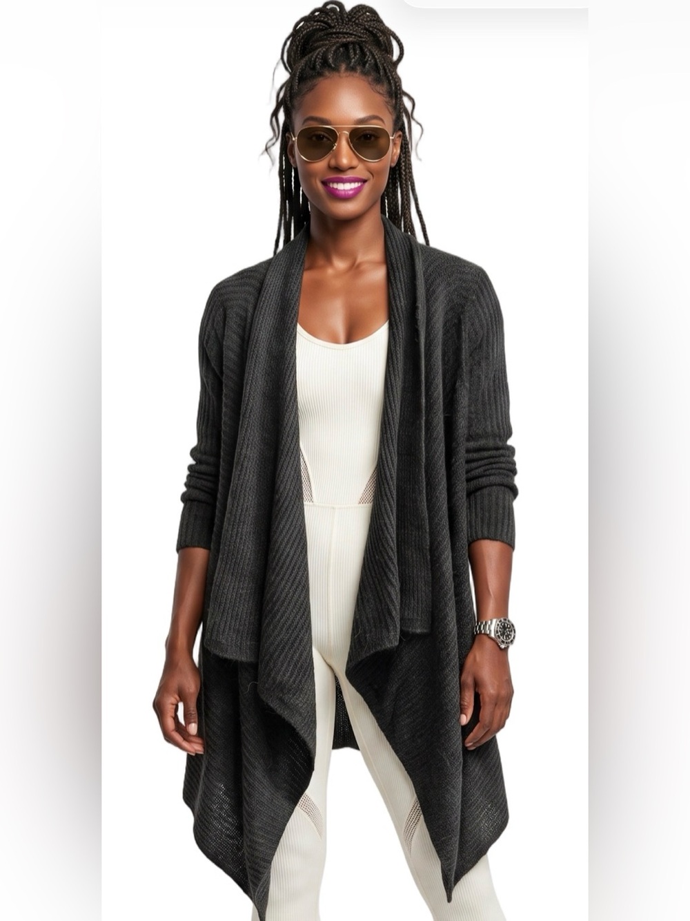 JOE FRESH Charcoal Open Drape Cardigan Shaw collar Long sleeve Handkerchief hem